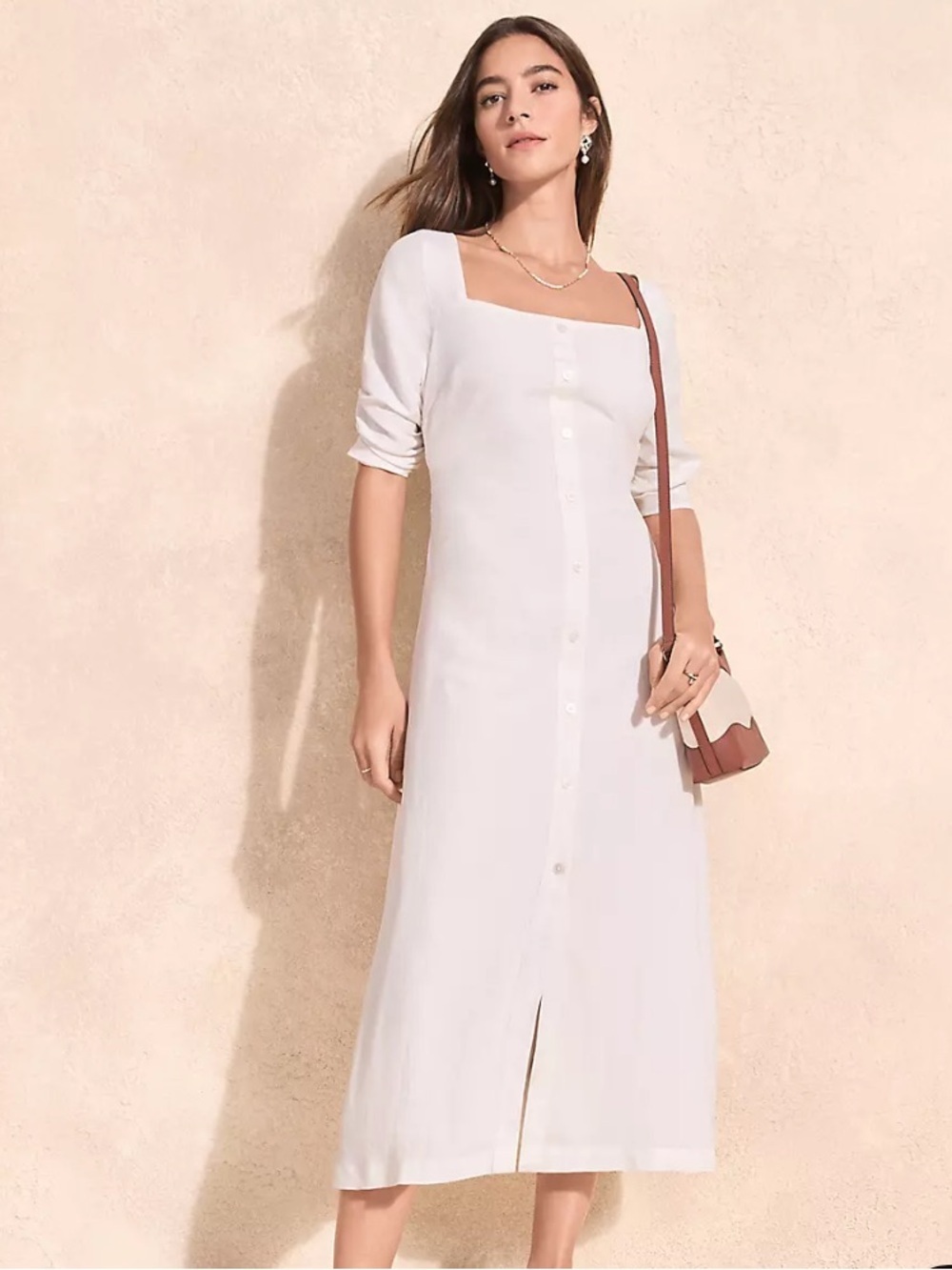Loft Shirred Linen Blend Button Midi Dress Size 12